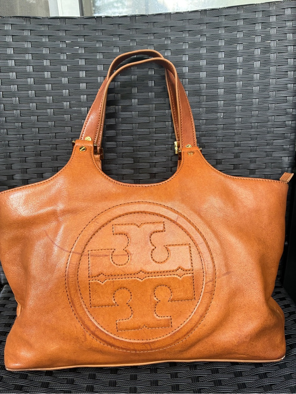 TORY BURCH BAG,Tory Burch Cognac Leather Embossed Logo Tote